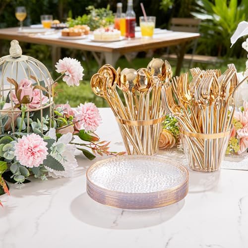 Rubtlamp 100 Pack Clear Gold Plastic Dessert Plates, 6Inch Clear Gold Small Appetizer Plates With Hammered, Heavy Duty Disposable Salad Plate, Elegant Cake Platos for Wedding, Birthday, Teatime
