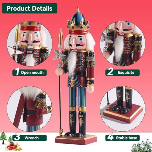12-Inch Christmas Nutcracker Figurines, Set of 2 Traditional Wooden King & Soldier with Sword & Spear, Handcrafted Standing Holiday Decorations for Fireplace, Shelf, or Tabletop Display