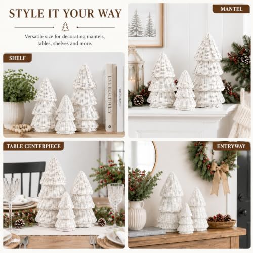 MiniInflat 3 Pcs Woven Rattan Christmas Tree Decor, Classic Weave, White