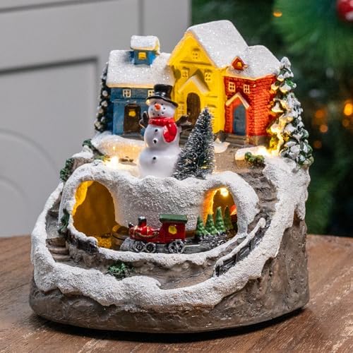 MXwcy Christmas Village House with Moving Train & Music - Lighted Snowman Figurine with 8 Holiday Songs, LED Lights - Resin Collectible Building for Indoor Xmas Decor, Table Centerpiece, Gifts
