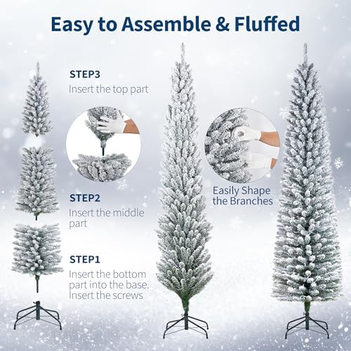 6Ft Pre-Lit Snow Flocked Pencil Christmas Tree, Fir Hinged Slim Skinny Corner Xmas Tree with 120 Incandescent Warm White Lights & Snow Branch Tips, White