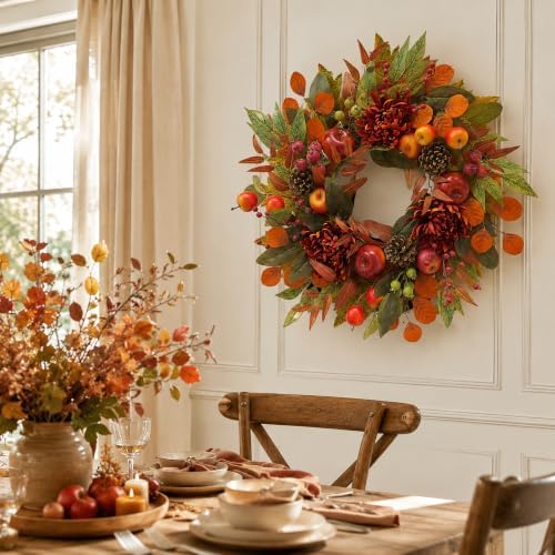 Svndlyn 22 Inch Fall Front Door Wreath with Faux Apples, Pinecones and Mums