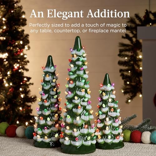 Best Choice Products Set of 3 XL Ceramic Christmas Trees, Pre-Lit Hand-Painted Tabletop Holiday Décor w/Multicolor Bulbs, LED Lights – Frosted Green