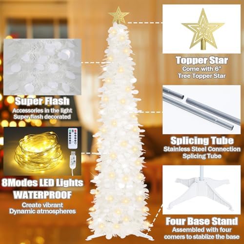 HMASYO 6 FT Pop Up Christmas Tree with 100 LED Timer Lights & Remote, White Christmas Tinsel Tree, Collapsible Artificial Pencil Tree for Home Office Party Decor, USB Powered, Easy Assembly