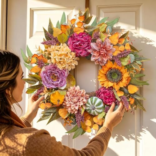 24 Inch Artificial Fall Wreaths for Front Door Outside with Sunflower,Peony