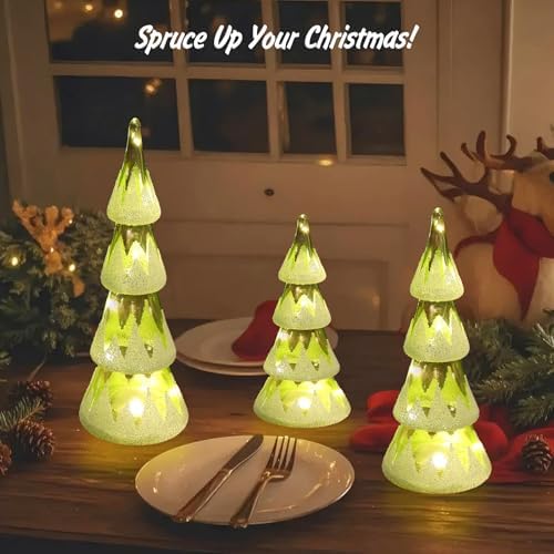 Lewondr LED Glass Christmas Tree Tabletop, Snow Cover Cedar Tree, 3 PCS