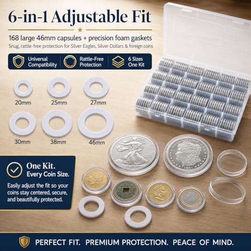 FULLCASE Coin Capsules for Collectors, 168-Piece Storage Case,Fits 20-46mm