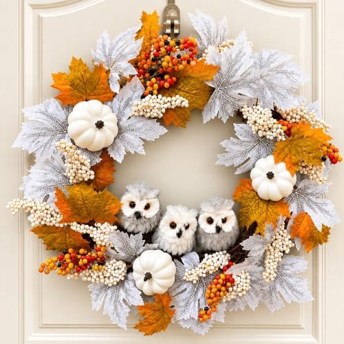 21 Inch Owl Pumpkin Fall Wreath - Autumn & Thanksgiving Door Decor