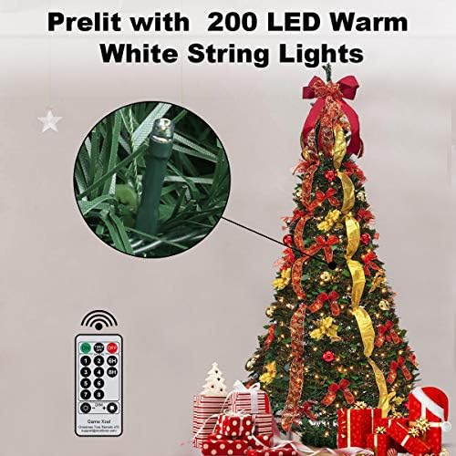 6FT Prelit Pop Up Artificial Christmas Tree Pull with Lights, Decorations, Remote - Red, Gold Ornaments, Bows, Ribbons
