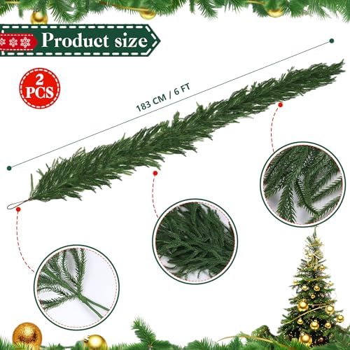 2 PCS-6FT Artificial Norfolk Pine Garlands - Real Touch Winter Pine Garland, Green Artificial Greenery Garland for Table, Mantle, Wall, Indoor, Outdoor Christmas Decorations