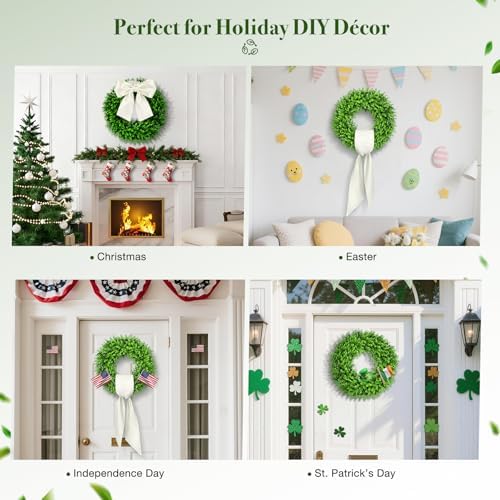 24" Boxwood Wreaths for Front Door – Large Boxwood Wreath with Sash