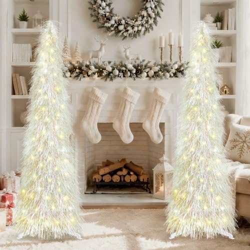 5 FT Shaggy Pop Up Christmas Tree with 50 Timer Lights, White Collapsible Artificial Tinsel Christmas Pencil Tree for Home Apartment Office Holiday Party Decor, Easy Assembly
