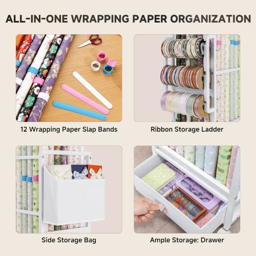 Aquzee Wrapping Paper Storage, Adjustable Gift Wrap Station with Drawer
