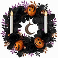18'' Halloween Wreath with Lights, Black Roses, Crow, Pumpkin