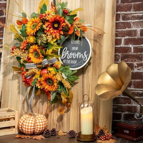 Fall Wreaths for Front Door 24 Inch Outside, Autumn Rustic Sunflower Wreath