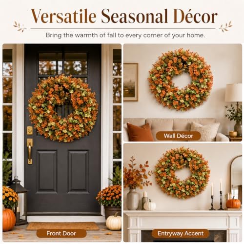 24 Inch Artificial Fall Boxwood Wreaths for Front Door, Foldable