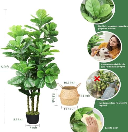 ROOMTEC 2pcs Artificial Fiddle Leaf Fig Tree,6 FT Tall Artificial Tree with Woven Seagrass Plant Basket Fake Floor Plant in Pot for Home Decor Living Room Indoor Outdoor Office Bedroom Decor