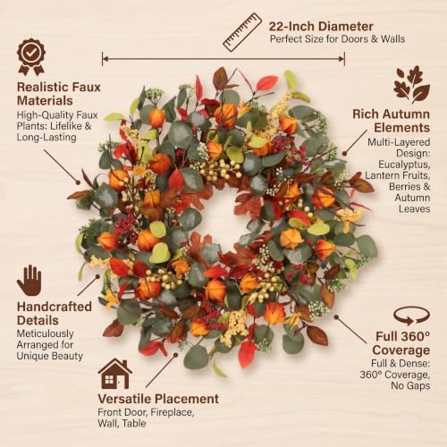 Fall Eucalyptus Lantern pods Wreath 22 Inch Front Door Decor