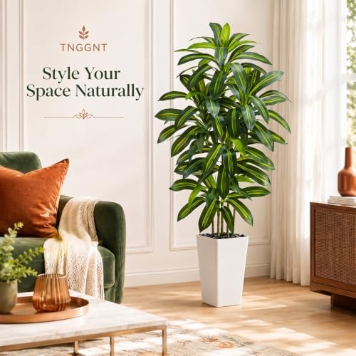 Artificial Dracaena Tree: 5FT Fake Plants Silk Faux Trees（White Pot）