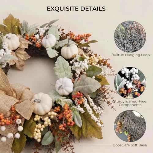 24 Inch Neutral Fall Wreath for Front Door with White Pumpkins & Bow