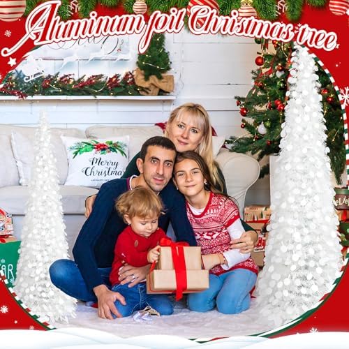 Leyndo 3 Pcs 3 ft 4ft 5 ft Collapsible Artificial Christmas Tree Pop up White Sequined Tinsel Pencil Skinny Xmas Tree for Home Fireplace Decoration