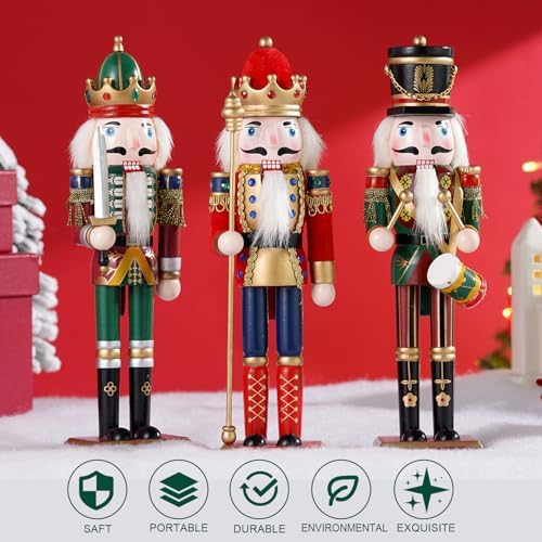3 Pcs Wooden Christmas Nutcracker Soldier,30CM Traditional Painted Nutcracker Figures,Festive Collectible Christmas party for Home Fireplace Christmas Tree Party Decoration (Drummer&Spear&Swordsmen)
