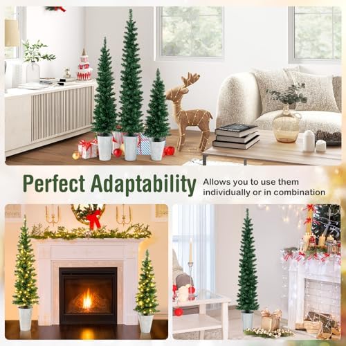 HAPPYGRILL Set of 3 Pencil Christmas Tree, 3' 4' 5' Prelit Slim Xmas Tree