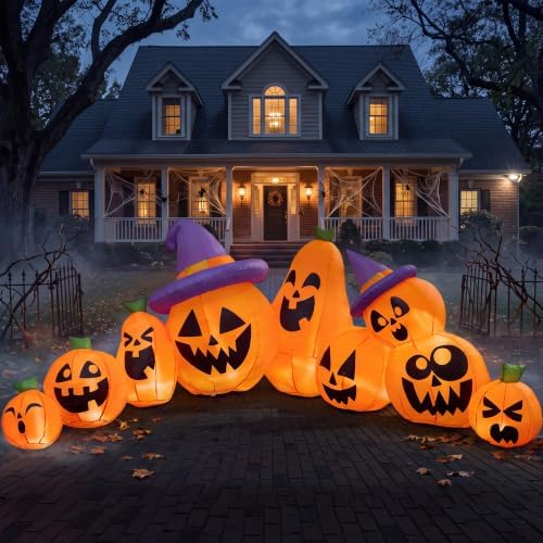 Joiedomi 12.5 FT Halloween Inflatable Pumpkin Outdoor Decorations, Blow Up Yard Decorations with Witch Hat, 9 Pcs Blow Up Pumpkin Inflatable with Built-in LEDs for Halloween Decor