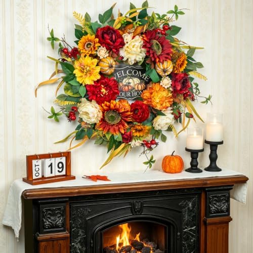 24 Inch Fall Wreath for Front Door，Rustic Harvest Autumn Wreath