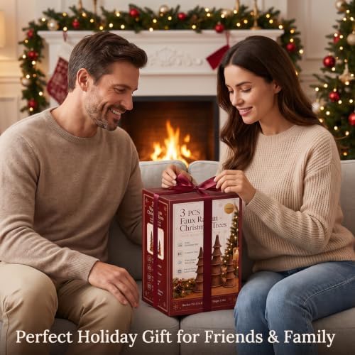 3PCS Resin Christmas Trees, Woven Style Tabletop Decor, Gift Box Set