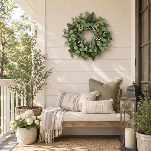 24 Inch Eucalyptus Wreath for Front Door, Fall Decor with White Berries