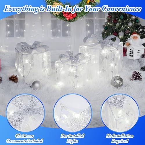 Towponics Set of 3 Christmas Lighted Gift Boxes, Outdoor Christmas Decorations with 60 LED Cool White Mini String Lights, Present Boxes with Bows and Snowflake Design for Xmas Tree Porch Mantel Decor