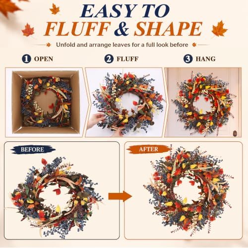 24" Fall Wreaths for Front Door, Fall Wreaths Lush Autumn Leaves & Berries