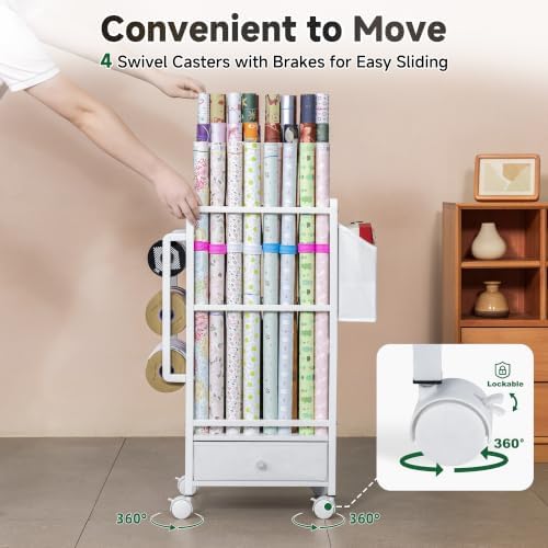 Aquzee Wrapping Paper Storage, Adjustable Gift Wrap Station with Drawer