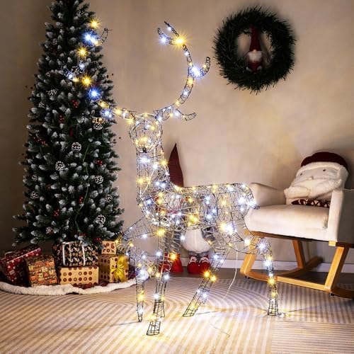 Tangkula 4.6 FT Christmas 3D Lighted Reindeer, Pre-Lit Rattan Buck