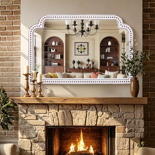 24x36 Inch Ornate Scalloped Arch Mirror, Wooden Antique Beaded Wall Mirrors