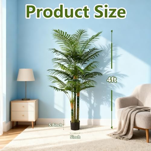 4FT Tall Golden Cane Artificial Palm Tree, Large Faux Palm Tree with 3 Textured Trunks, Outdoor Artificial Plants, Fake Tree for Indoor Office Living Room Outside Patio.
