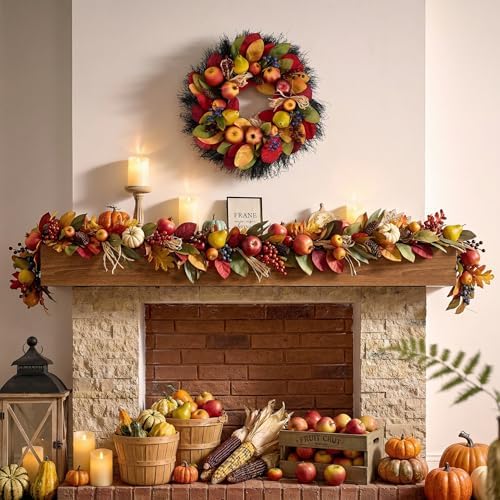 Valery Madelyn 24'' Collapsible Pre-Lit Fruits Fall Wreath for Front Door