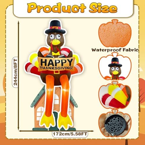 8FT LED Lighted Thanksgiving Fall Inflatables Turkey Outdoor Decorations