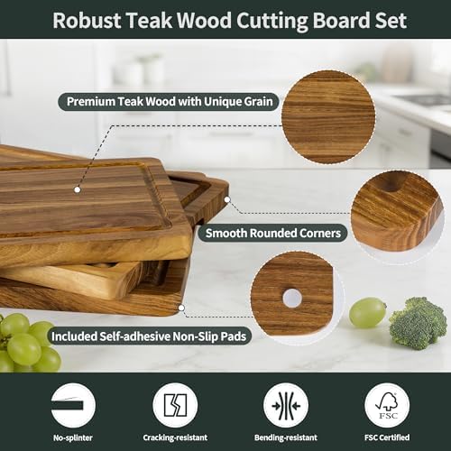 Teak Cutting Board Set for Kitchen, 3 Pack Teak Wood Cutting Boards
