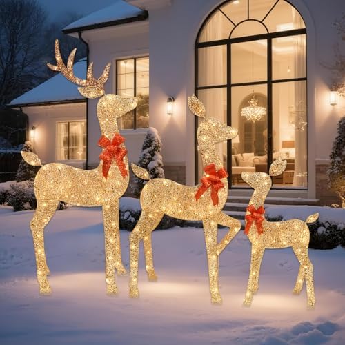 HOYECHI 5 FT Oversized Christmas Decorations Outdoor Lighted Reindeer – 3-Piece 2D Deer Family Set with 160 Warm White LED Lights for Yard, Lawn, Garden & Porch Holiday Display - Gold