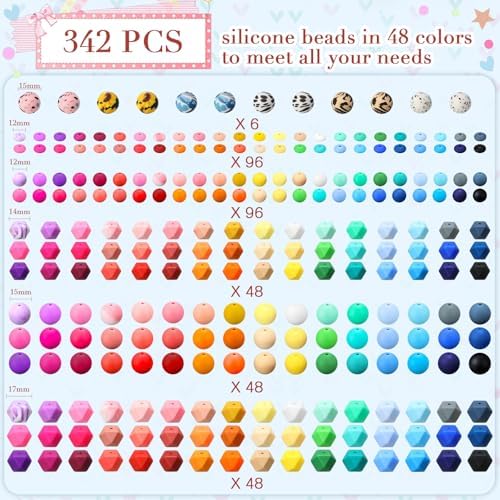 Hotop 342 Pcs Silicone Beads for Keychain Making Kit, 12mm15mm Round 14mm17mm Polygonal Silicone Rubber Beads for Keychain DIY Necklace Bracelet Jewelry Making Supplies