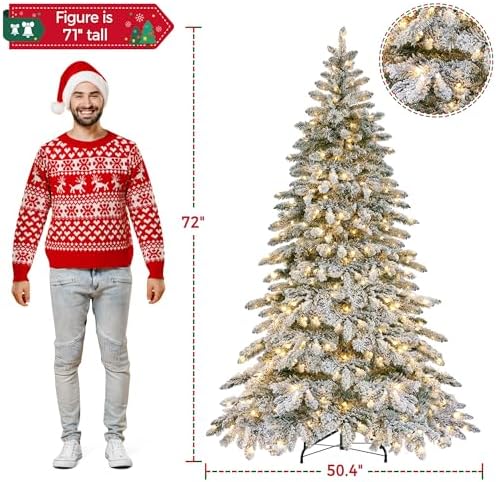 Yaheetech 6ft Pre-Lit Artificial Christmas Tree with 400 Warm White LED Lights & 940 PVC Tips,Hinged Snow Flocked Xmas Tree with Foldable Stand & Protective Foot Caps,Green & White
