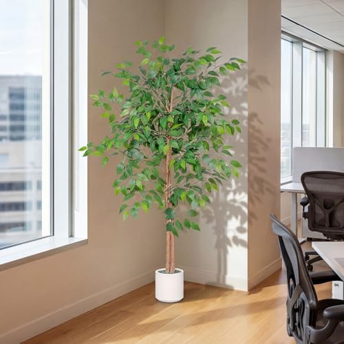 Artificial Ficus Tree 5FT Tall, Faux Ficus Tree Indoor Outdoor, Fake Silk Ficus Plant with Planter, Lifelike Leaves Large Potted Floor Tree for Home Office Living Room Porch Decor