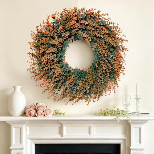Fall Wreath for Front Door 26 inch Boxwood Wreath Eucalyptus Leaves