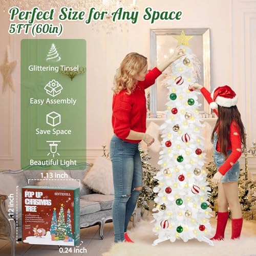 5 FT Pop Up Christmas Tree with Timer Lights and Decorations, White Artificial Tinsel Christmas Tree with 24 Ball Ornaments, Collapsible Pencil Tree for Home, Office, Holiday Party