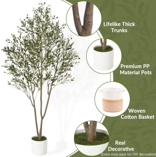 7FT Olive Trees Artificial Indoor with Planter&Basket, Tall Faux Olive Tree
