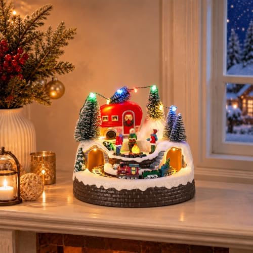 VCUTEKA Christmas Village Houses, Camper with People Campfire and Rotating Train Lighted Musical Christmas Village Collectible Building for Xmas Indoor Decorations or Holiday Table Displays
