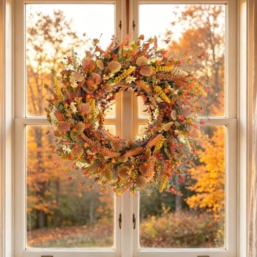24 Inch Fall Wreaths for Front Door Wreath with Flowers,Grain,Eucalyptus Leaves Autumn Wreath for Front Door Wall Home Harvest Thanksgiving Decor