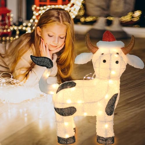 Bshine Lighted Christmas Cow Decor, Pre Lit LED Holiday Display